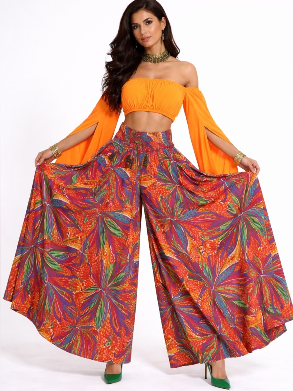 True Destinations Tropical Vibrant Super Wide Leg Palazzo Pants Womens SZ S Boho